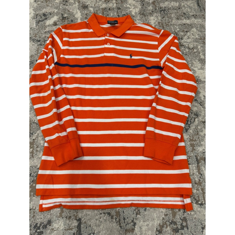 Polo Ralph Lauren XL Long Sleeve Striped Polo Shirt Orange White Navy Blue